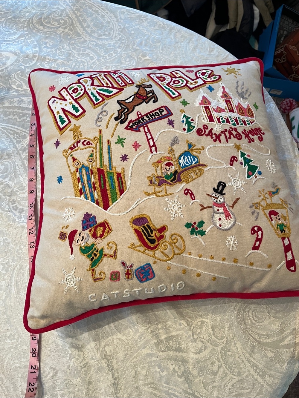 Catstudio Cream Holiday 'North Pole' Hand Embroidered Decorative Pillow Red Trim - Picture 5 of 7